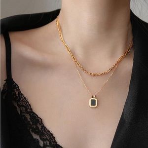 Black Square Pendant Double Layer gold necklace